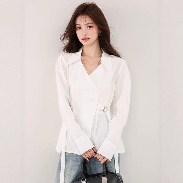 586266938 V-neck fitted white long sleeve unique casual style, elegant office wear shirt