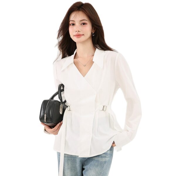586266940 V-neck fitted white long sleeve unique casual style, elegant office wear shirt