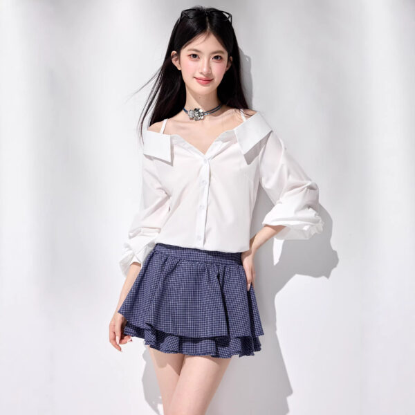 One-Shoulder V-Neck Blouse with Puff Sleeves  Irregular Strap Top Casual Office Wear