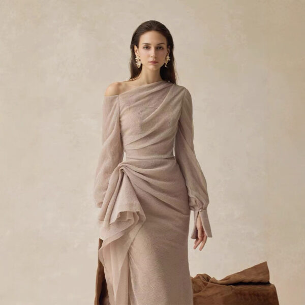 Gentle Style Pleated Long Sleeve Fitted Dress with Asymmetrical Shoulder