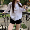 586266989 White Shirt Polo Neck Long Sleeve Blouse for Women