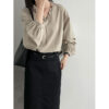 588005111 Lace Trim V-Neck Lantern Sleeve Elegant Youthful Commute Top Shirt