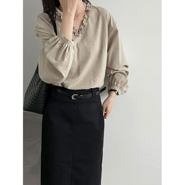 588005111 Lace Trim V-Neck Lantern Sleeve Elegant Youthful Commute Top Shirt