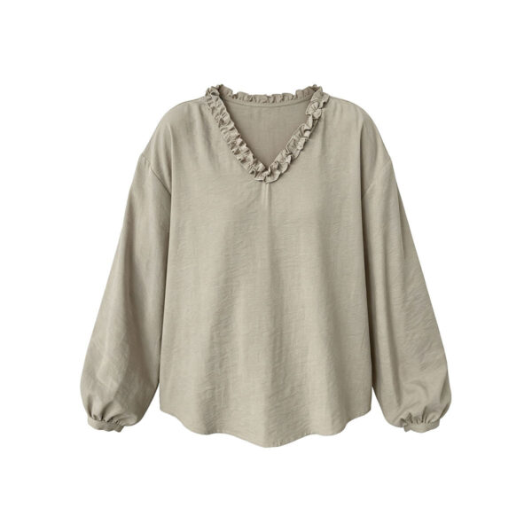 588005112 Lace Trim V-Neck Lantern Sleeve Elegant Youthful Commute Top Shirt