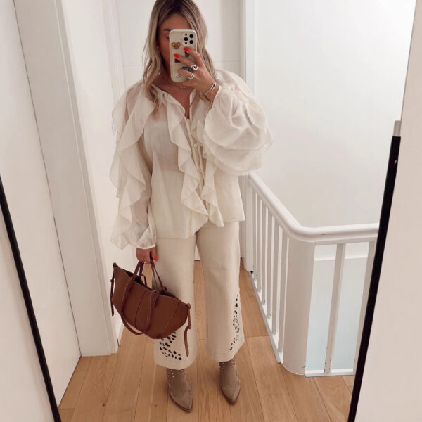 586266676 Elegant V-Neck Ruffle Long Sleeve Shirt for Office Wear Style