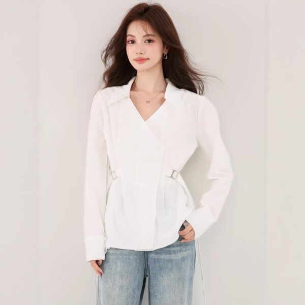 586266937 V-neck fitted white long sleeve unique casual style, elegant office wear shirt