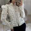 586266776 Lace Crochet Stand Collar Fitted Design Shirt Chic Office Wear