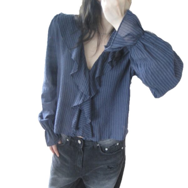 586266828 Style Striped V-Neck Ruffle Blouse Elegant Mature Look Loose Office Wear