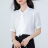 586265779 Ribbon Satin Short Sleeve White Blouse for Office Wear Formal Top