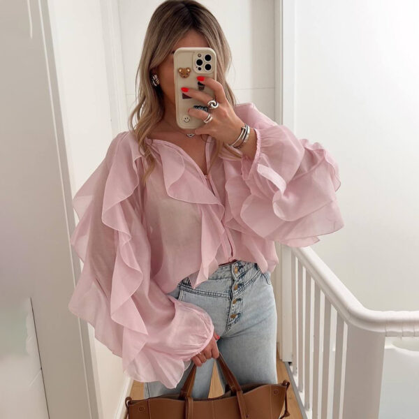 586266675 Elegant V-Neck Ruffle Long Sleeve Shirt for Office Wear Style