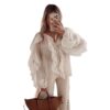 586266679 Elegant V-Neck Ruffle Long Sleeve Shirt for Office Wear Style