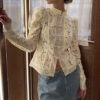 586266783 Lace Crochet Stand Collar Fitted Design Shirt Chic Office Wear