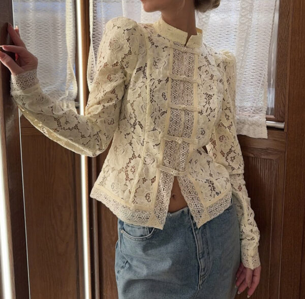 586266783 Lace Crochet Stand Collar Fitted Design Shirt Chic Office Wear