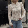 586266778 Lace Crochet Stand Collar Fitted Design Shirt Chic Office Wear