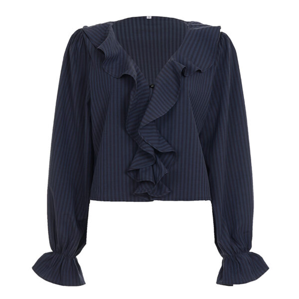 586266829 Style Striped V-Neck Ruffle Blouse Elegant Mature Look Loose Office Wear