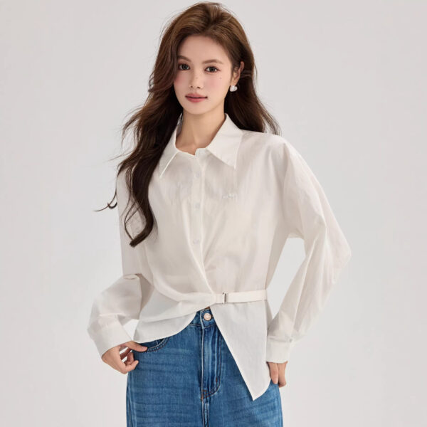 586266549 Waist-Cinching White Long Sleeve Shirt for Women Office Wear