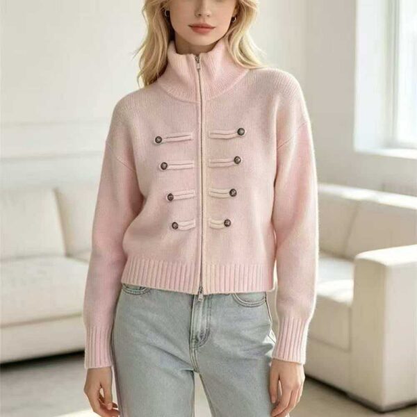 Stand Collar Double Zipper Short Length Long Sleeve Knit