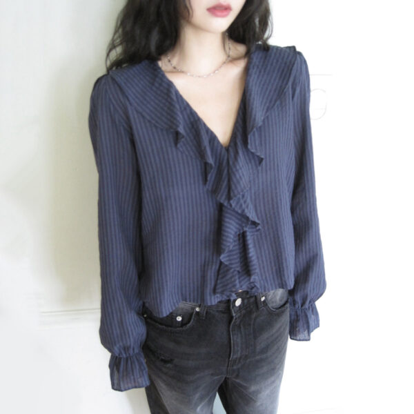 586266824 Style Striped V-Neck Ruffle Blouse Elegant Mature Look Loose Office Wear
