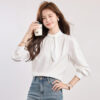 586266951 Stand Collar Ribbon White Blouse Long Sleeve Top Charming Office Wear