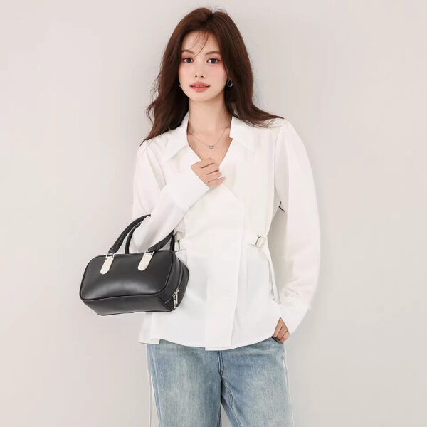 586266939 V-neck fitted white long sleeve unique casual style, elegant office wear shirt