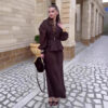 584480767 V-Neck Fitted Long Sleeve Cardigan Top with High-Waisted Skirt Set