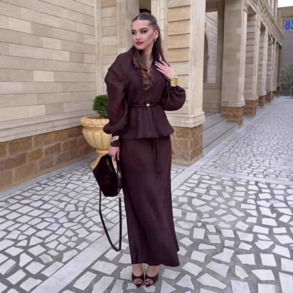 584480767 V-Neck Fitted Long Sleeve Cardigan Top with High-Waisted Skirt Set
