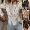 586266777 Lace Crochet Stand Collar Fitted Design Shirt Chic Office Wear