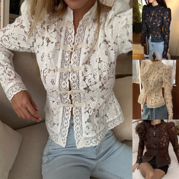 586266777 Lace Crochet Stand Collar Fitted Design Shirt Chic Office Wear