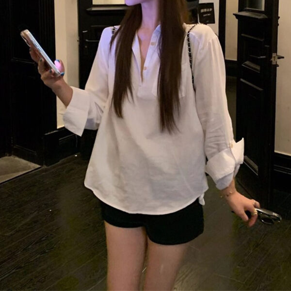 586266991 White Shirt Polo Neck Long Sleeve Blouse for Women