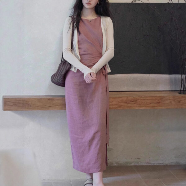 586265704 Round Neck Sleeveless Tie Waist Casual Office Wear