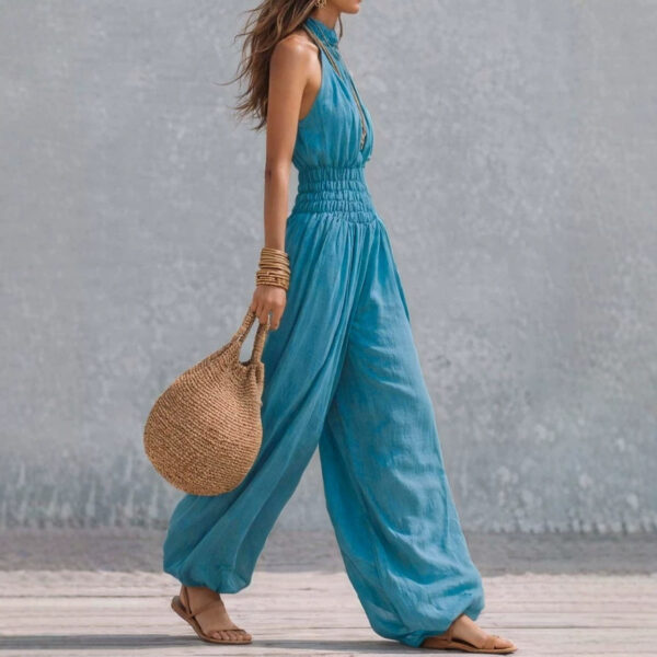 Casual style sleeveless hanging neck lantern pants jumpsuit