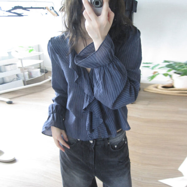 586266827 Style Striped V-Neck Ruffle Blouse Elegant Mature Look Loose Office Wear