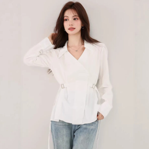 586266936 V-neck fitted white long sleeve unique casual style, elegant office wear shirt