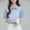 586266402 Butterfly Ribbon Short Sleeve Chiffon Satin Shirt, Professional Office Wear