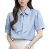 586266403 Butterfly Ribbon Short Sleeve Chiffon Satin Shirt, Professional Office Wear