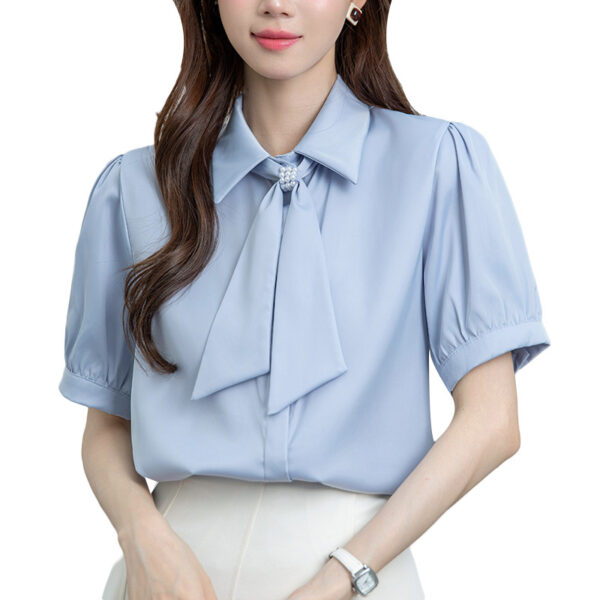 586266403 Butterfly Ribbon Short Sleeve Chiffon Satin Shirt, Professional Office Wear