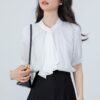 586265777 Ribbon Satin Short Sleeve White Blouse for Office Wear Formal Top