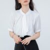 586265778 Ribbon Satin Short Sleeve White Blouse for Office Wear Formal Top