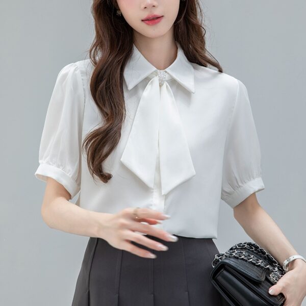 586266399 Butterfly Ribbon Short Sleeve Chiffon Satin Shirt, Professional Office Wear