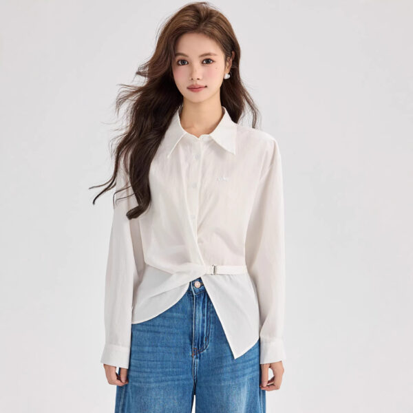 586266550 Waist-Cinching White Long Sleeve Shirt for Women Office Wear