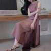 586265706 Round Neck Sleeveless Tie Waist Casual Office Wear