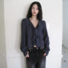 586266826 Style Striped V-Neck Ruffle Blouse Elegant Mature Look Loose Office Wear