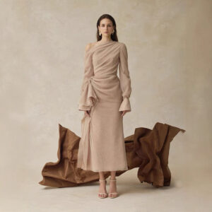 586267242 Gentle Style Pleated Long Sleeve Fitted Dress with Asymmetrical Shoulder