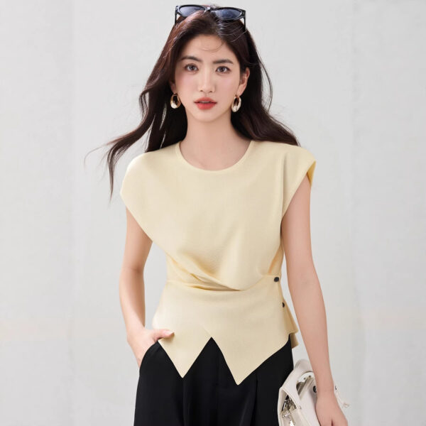 Side Button Crossed Waist Slimming Irregular Office Wear Top