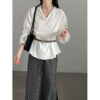 588005108 Lace Trim V-Neck Lantern Sleeve Elegant Youthful Commute Top Shirt