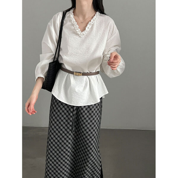 588005108 Lace Trim V-Neck Lantern Sleeve Elegant Youthful Commute Top Shirt