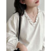 588005110 Lace Trim V-Neck Lantern Sleeve Elegant Youthful Commute Top Shirt