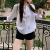 586266994 White Shirt Polo Neck Long Sleeve Blouse for Women