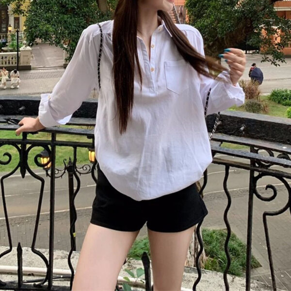 586266994 White Shirt Polo Neck Long Sleeve Blouse for Women