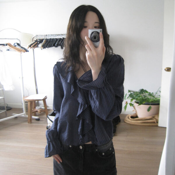 586266825 Style Striped V-Neck Ruffle Blouse Elegant Mature Look Loose Office Wear